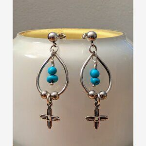 Southwestern Sterling Silver Turquoise Zia Sun Charm Long Dangle Earrings